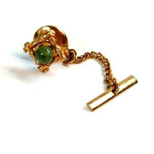 Vintage Gold Tone Tie Tack With Green Jade Stone & Chain